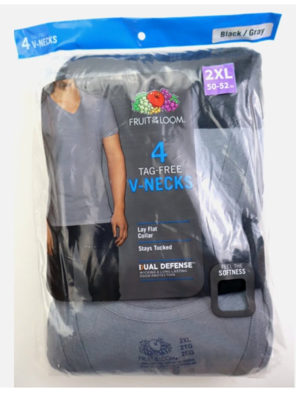 Fruit of the Loom Men's 4 Tag Free V-Necks Tees T-Shirts Cotton 2XL Black/Gray
